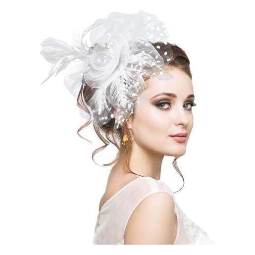Anseom fascinator copricapo da sposa, donne fascinator fascia accessori per capelli da sposa copricapo di piume di cappello cocktail party accessori per capelli (bianco)