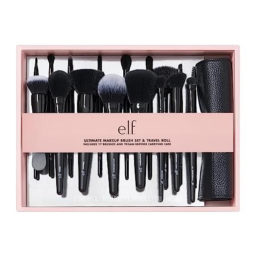 e.l.f. ultimate makeup brush set & travel roll, kit di 17 pennelli per ombretto, fondotinta, cipria, correttore e altro, vegani e cruelty-free