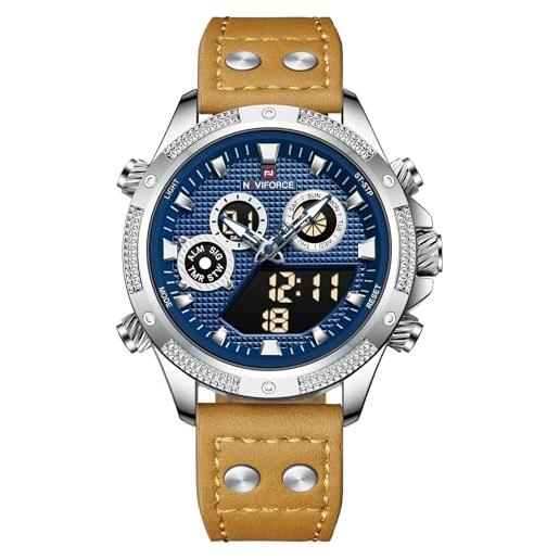 Naviforce orologio digitale da uomo, al quarzo, con retroilluminazione super luminosa, cronografo, impermeabile, orologio sportivo con cinturino in pelle, argento blu