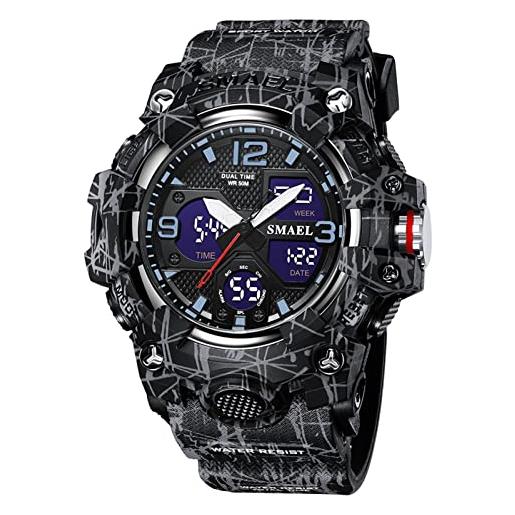 SMAEL orologio sportivo uomo, multifunzione impermeabile analogico al quarzo orologi, retroilluminazione a led quadrante grande orologio digitale, camouflage black