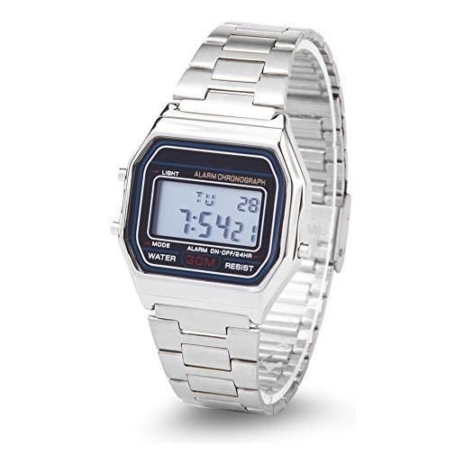 Dioche orologio da polso, orologio da polso rettangolare con retroilluminazione a led digitale a 3 colori con cinturino in acciaio inossidabile d'argento