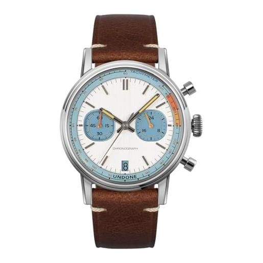 Undone vintage 70s cronografo ibrido quarzo meccanico acciaio bianco marrone pelle orologio uomo