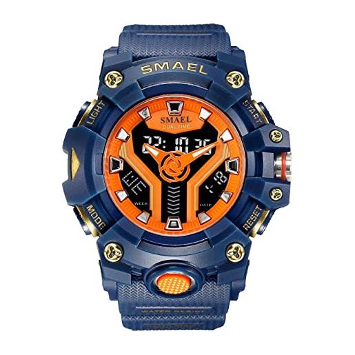 SMAEL orologio militare da uomo, orologio digitale analogico 50 m impermeabile allarme cronometro timer display a doppia zona multifunzionale sportivo orologio, blu