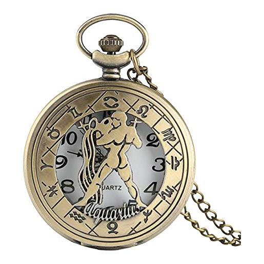 GIPOTIL 12 constellation astrology zodiac retro pocket watch bronze necklace pendant mens women hollow flip cover quartz christmas gifts, aquarius