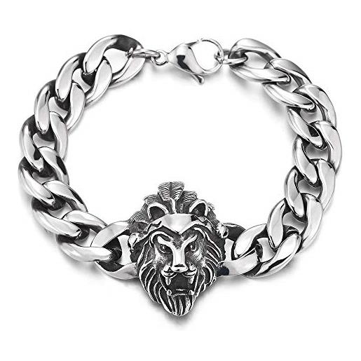 iMETACLII grande braccialetto del re di leone cranio teschio, bracciale da uomo, acciaio, barbozzale, lucidato a specchio, rock