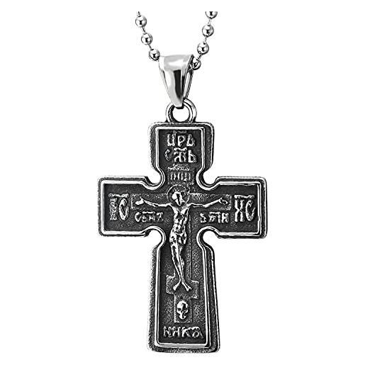 COOLSTEELANDBEYOND annata gesù cristo crocifisso croce ciondolo collana con pendente da uomo donna, acciaio, finitura ruvida, due lati