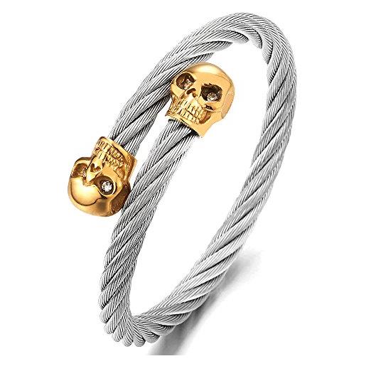 COOLSTEELANDBEYOND regolabile uomo bracciale cranio teschio, acciaio cavo intrecciato braccialetto del polsino argento oro con zirconi