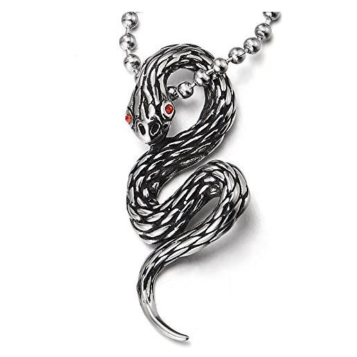 COOLSTEELANDBEYOND annata cobra serpente ciondolo con rosso zirconi, uomo donna collana con pendente, acciaio inossidabile, catena 60cm