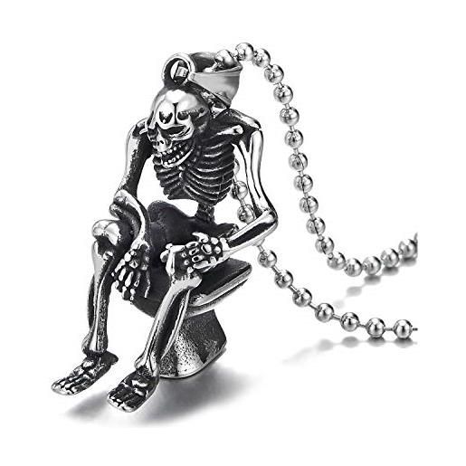 COOLSTEELANDBEYOND uomo ragazzi annata cranio teschio corpo scheletro osseo seduto sul water ciondolo, collana con pendente, acciaio