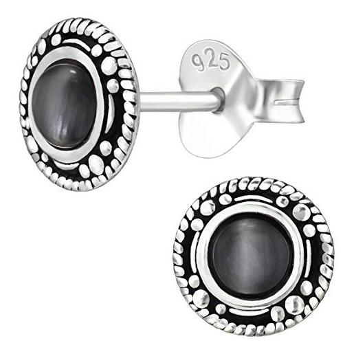 EYS JEWELRY orecchini in argento 925 da donna, rotondi, ossidati, 7 mm, regalo vintage per donne in custodia per gioielli, argento sterling, occhio di gatto