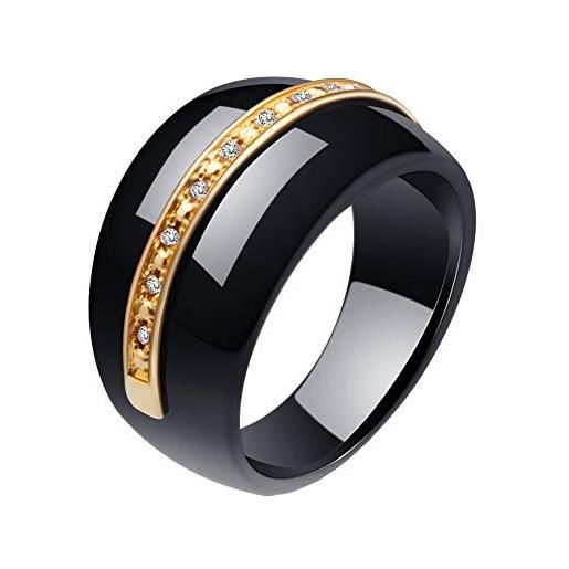 PAURO classico anello largo fidanzamento promessa fede nuziale donna ceramica micro zirconi neri e oro misura 12