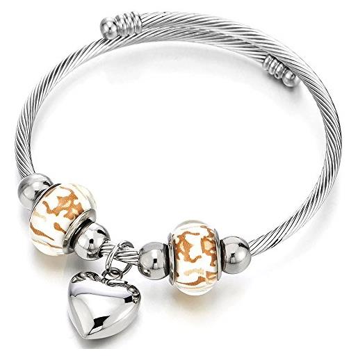 COOLSTEELANDBEYOND cuore e vetro di murano charm braccialetto del polsino donna ragazze, elastico regolabile acciaio cavo bracciale