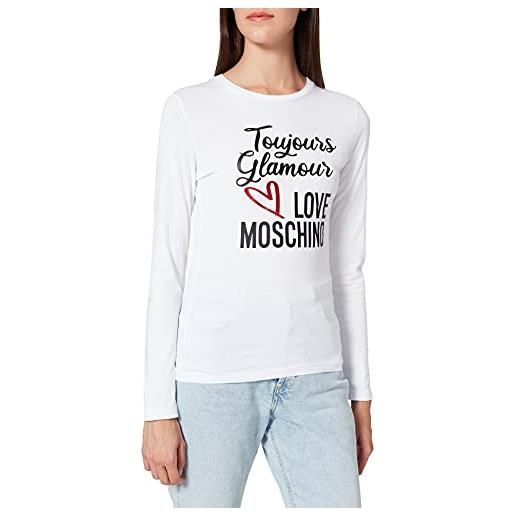 Love Moschino maglietta a maniche lunghe in jersey di cotone 30/1. Personalizzato con stampa glitterata dello slogan e del logo stagionale. T-shirt, bianco, 42 donna