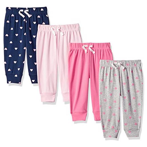 Amazon Essentials pantaloni senza chiusura in cotone bimba, pacco da 4, blu marino/grigio cuori/rosa/rosa chiaro, 6-9 mesi