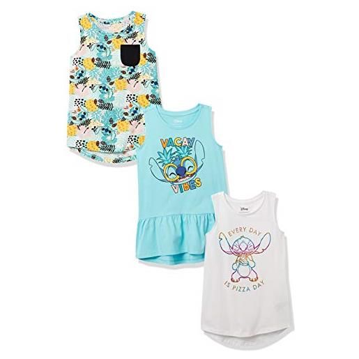 Amazon Essentials disney | star wars | frozen t-shirt a tunica smanicata bambine e ragazze, pacco da 3, bianco/blu/stitch vacay, 2 anni