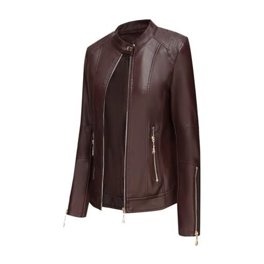 HZQIFEI giacca in pelle pu da donna, giacca motociclista da donna corta casual per primavera e autunno pjk14 (marrone, xl)