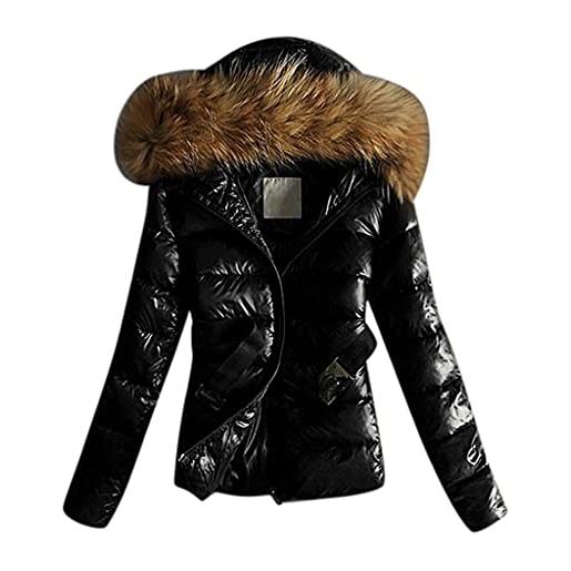 KEERADS Damen piumino leggero giacca invernale corta con cappuccio in pelliccia, giacca trapuntata leggera, giacca calda e cappotti, nero , gr. 32/tag m