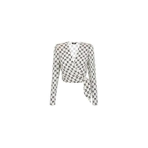 Elisabetta Franchi camicia cropped in georgette di viscosa stampa logo con nodo multicolore burro/nero