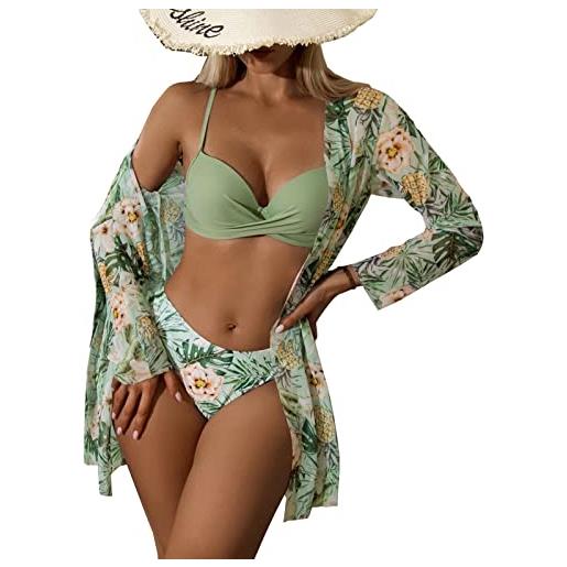 MIFXIN costume da bagno da donna con stampa floreale tropicale push-up set bikini con kimono cover up set sexy da spiaggia per le donne estate festa costume bikini a vita alta, verde avocado. , c