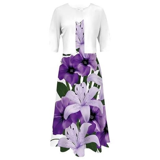 Ocean Plus maxi abito da donna in due parti stampa digitale girocollo abito con giacca (s (eu 34-36), fiori di giglio viola chiaro)