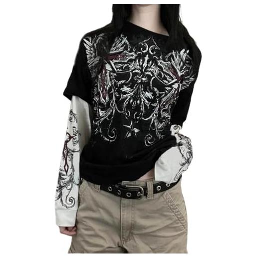 NiRwa top da donna vintage gotico con stampa hawk maglietta a due pezzi per ragazze adolescenti abbigliamento emo y2k e-girls t-shirt alternativa, nero , l