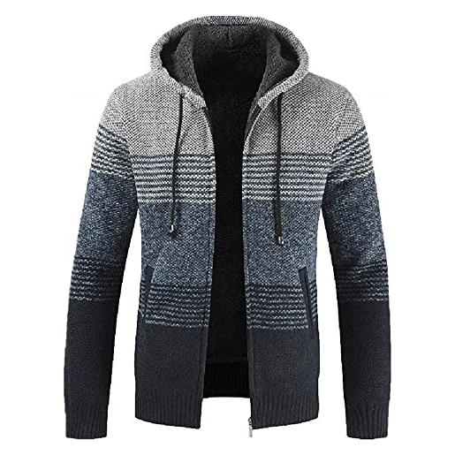 FAWHEWX cardigan moda da uomo giacca con cappuccio maglione lavorato a maglia felpa a maniche lunghe cerniera a righe caldo pile invernale cardigan con cappuccio addensatocappotto(b-blu/3xl)
