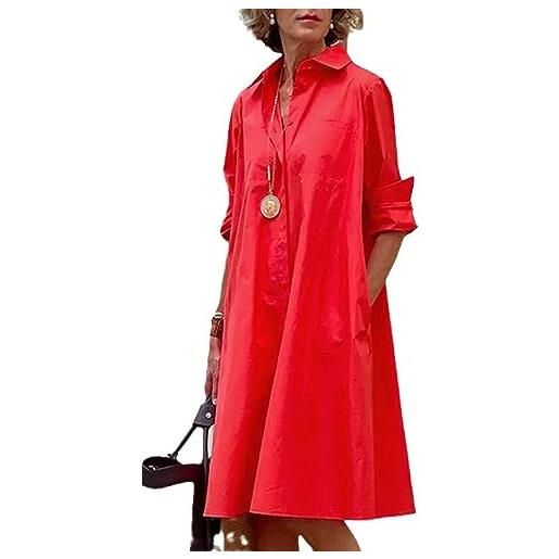 Mierfens abiti a camicia a maniche lunghe da donna - vistoso vestito rosso con camicetta a maniche lunghe con risvolto abito da festa casual alla moda, abito primaverile ampio abbottonato abito classico in ti