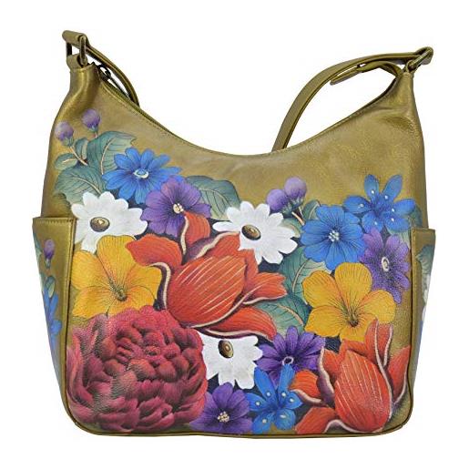 Anuschka borsa da donna in vera pelle- esterno dipinto a mano - classic hobo con tasca laterale - fantasia floreale