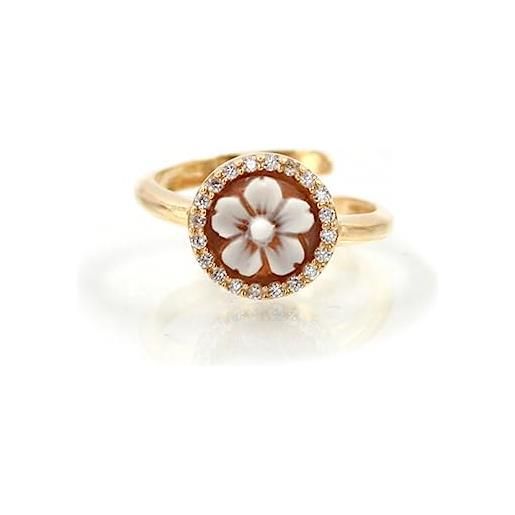 gioiellitaly anello regolabile argento 925 dorato con cammeo tondo 8mm fiore piccolo inciso a mano giro di zirconi bianchi gioiello artigianale
