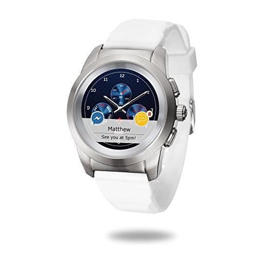 MyKronoz ze. Time petite smartwatch ibrido con lancette analogiche su schermo tattile, argento spazzolato/silicone bianco