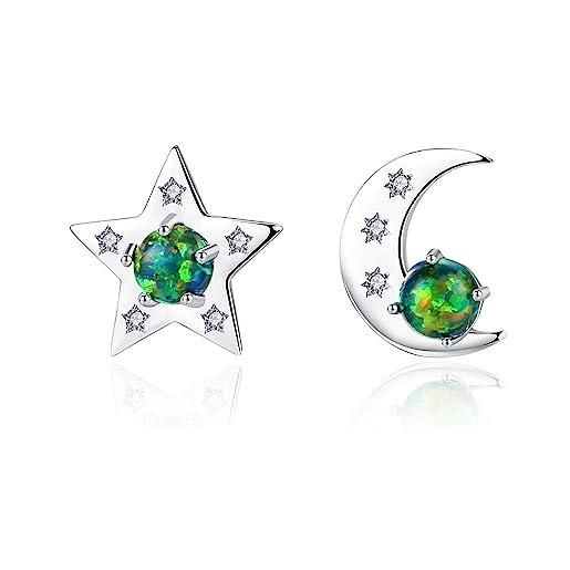 Bellitia Jewelry orecchini stella e luna con opale verde/blu & diamante simulato zirconi, asimmetrici a forma di stella luna sole orecchini a bottone in argento 925 placcato oro per ragazze donne