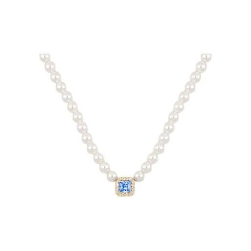SZ Watches & Jewelry collana donna in filo di perle da 4 mm con pietra quadrata, filo di perle con zircone quadrato, ipoallergenica e antigraffio - idea regalo san valentino (placcato oro - blu)
