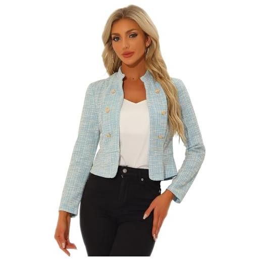 Allegra K giacca corta vintage in tweed da donna, con colletto alla coreana, per lavoro, ufficio, apertura frontale, azzurro, m