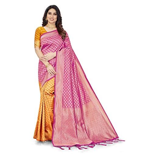 Nivah Fashion kanjivaram sari indiano in seta con camicetta pezzo, rosa, taglia unica