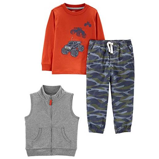 Simple Joys by Carter's 3-piece fleece vest, long-sleeve shirt, and woven pant playwear set pants-clothing-sets, arancione camion/blu marino mimetica/grigio puntinato, 5 anni bambino