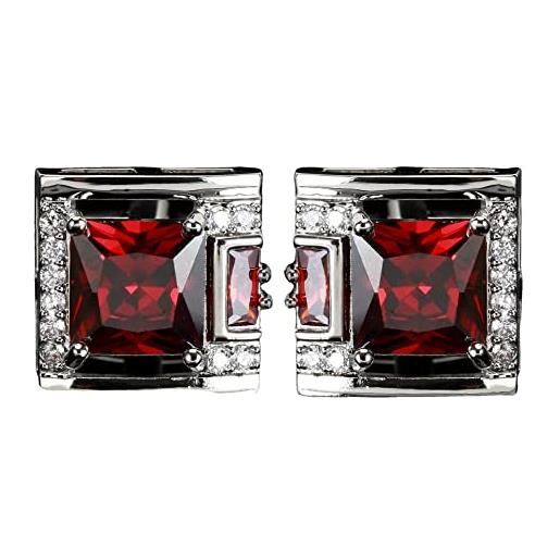 Generic gemelli da uomo con diamanti quadrati resistenti, leggeri, di lusso, con camicia francese, polsini, bottoni, vino, pietre preziose rosse
