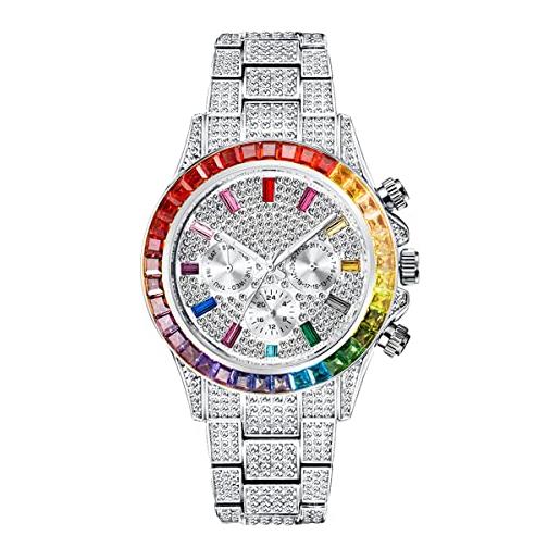 HALOKAIYA icediamond orologio da polso al quarzo con diamanti cz cubici a 3 occhielli con calendario mensile settimanale e display del fuso orario per unisex (rw)