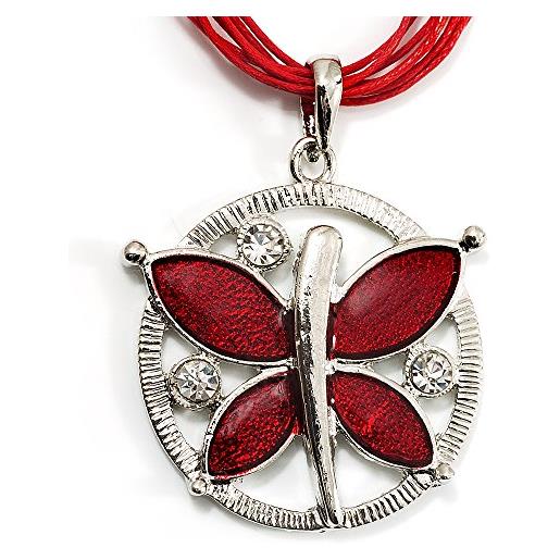 Avalaya ciondolo rotondo a forma di farfalla smaltato rosso con collana in cordini di cotone/tono argento/lunghezza 40 cm, misura unica, smalto
