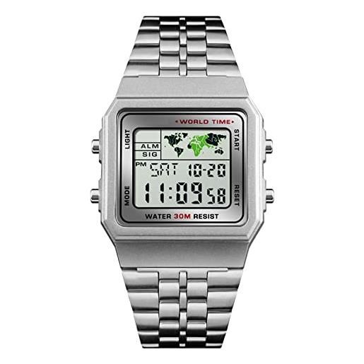 DaMohony orologio digitale da uomo, cronometro con allarme, data e settimana, cinturino in metallo per attività all'aperto, argento