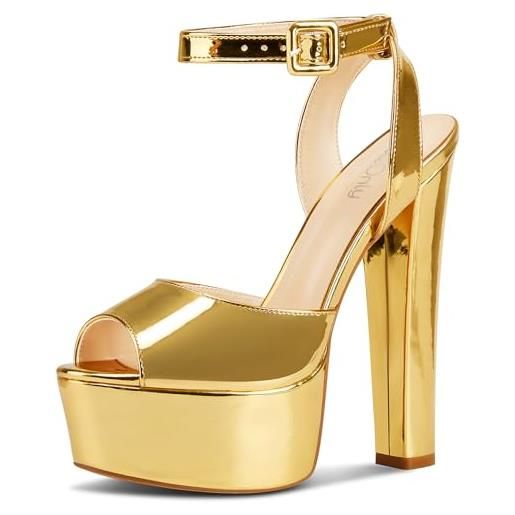 NobleOnly donna alto high chunky blocco piattaforma tacco heel aperte sulla punta cinturino alla caviglia sandali ballo feste dress scarpe 15 cm heels oro verniciata 36 eu