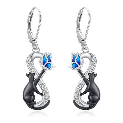 Eusense orecchini gatto nero orecchini farfalla argento 925 gioielli eardrops regalo per gli amanti dei gatti donne ragazze