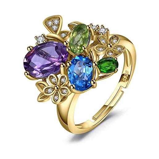 JewelryPalace anelli donna regolabili argento 925, anelli colorati donna in oro con pietre naturali, fiore anello da cocktail con ametista viola topazio azzurro peridoto cromo diopside gioielli donna