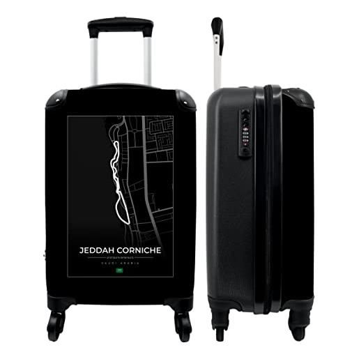 NoBoringSuitcases.com® valigia trolley bagaglio a mano piccola valigia da viaggio con 4 ruote - formula 1 - jeddah corniche - pista - bianco e nero - sport - bagaglio da tavola