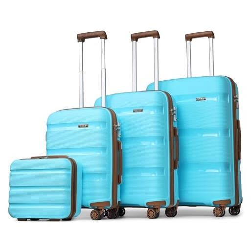 KONO set di 4 valigie + beauty case rigida trolley bagaglio a mano 55cm/valigia media 65cm/valigia grande 76cm in polipropilene con 4 ruote e lucchetto tsa, blu/marrone