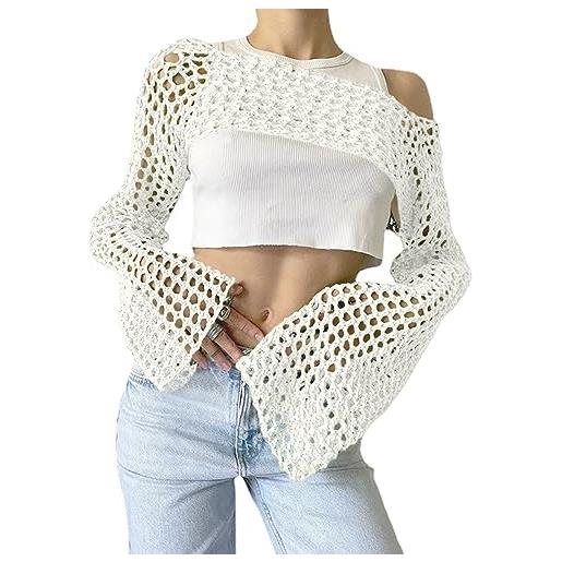 Bnigung maglia da donna crochet crop top coprispalle spalle sexy y2k scava fuori cropped maglia maglione vedere attraverso bikini copri ups, beige, m