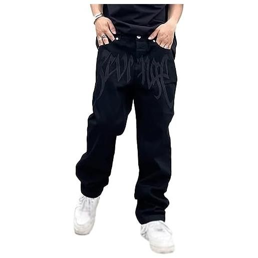 Sawmew pantaloni jeans da uomo y2k jeans larghi hip-hop stampati pantaloni jeans vintage lavati a gamba dritta pantaloni da skateboard per ragazzi adolescenti streetwear (color: black, size: s)