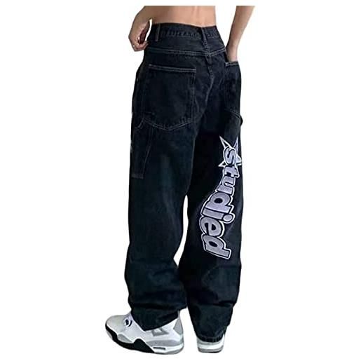 Sawmew herren streetwear jeans larghi pantaloni hip hop uomo jeans larghi pantaloni donna jeans boyfriend oversize jeans denim (color: black, size: s)