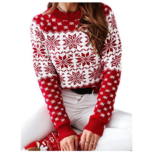 N/A/ maglione natalizio a maniche lunghe, con motivo geometrico con fiocco di neve lavorato a maglia, scollo rotondo, caldo e morbido