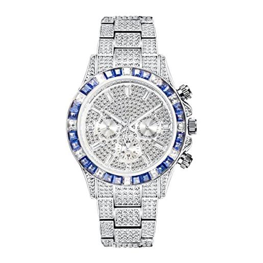 HALOKAIYA icediamond orologio da polso al quarzo con diamanti cz cubici a 3 occhielli con calendario mensile settimanale e display del fuso orario per unisex (blue-w)