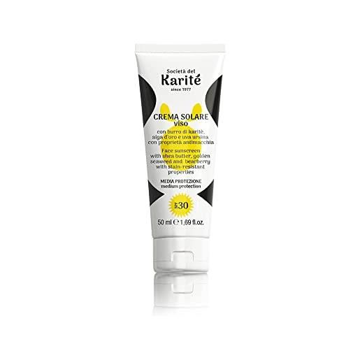 Società del Karitè since 1977 crema solare viso anti-macchie spf 30 ad azione nutriente, effetto dorato abbronzato, adatto per pelli sensibili, 50 ml
